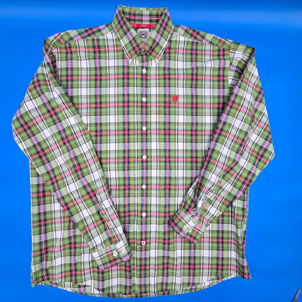 Cinch Mens L Green Plaid Long Sleeve Button Down Western Cowboy Shirt MT10321109